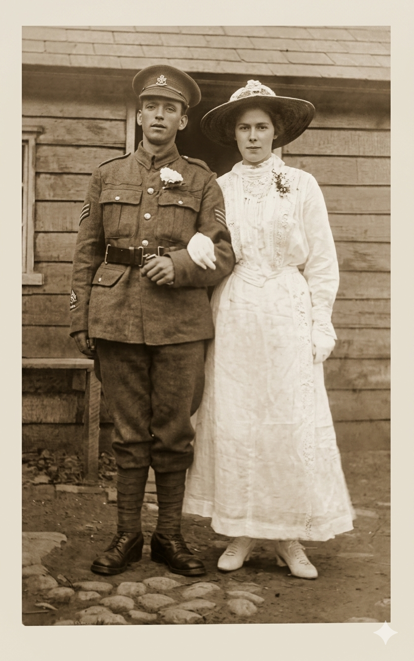Wedding portrait of George Pickin and Minnie Victoria Bright, 30 June 1917