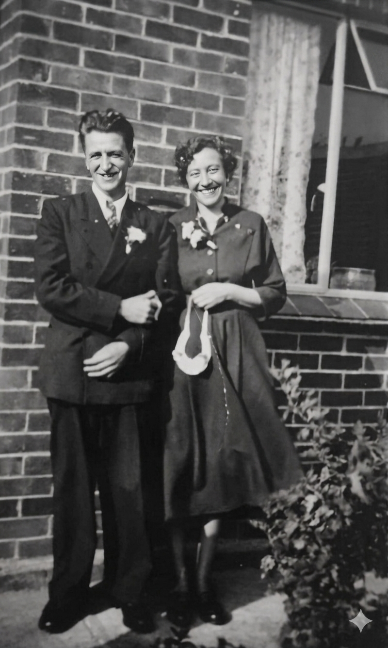 Wedding portrait of Frederick Charles Knights and Irene May Pickin, October 1952